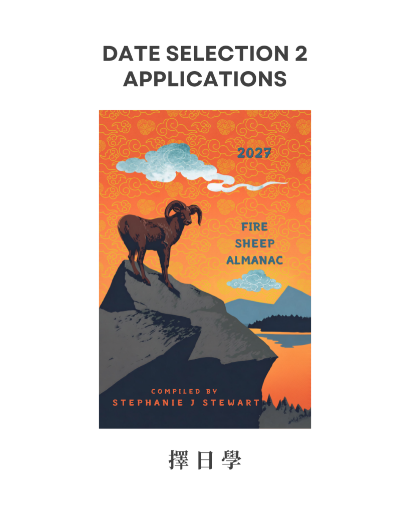 Poster titled 'Date Selection 2 Applications'; bright orange almanac cover with a ram on a cliff and distant mountains.