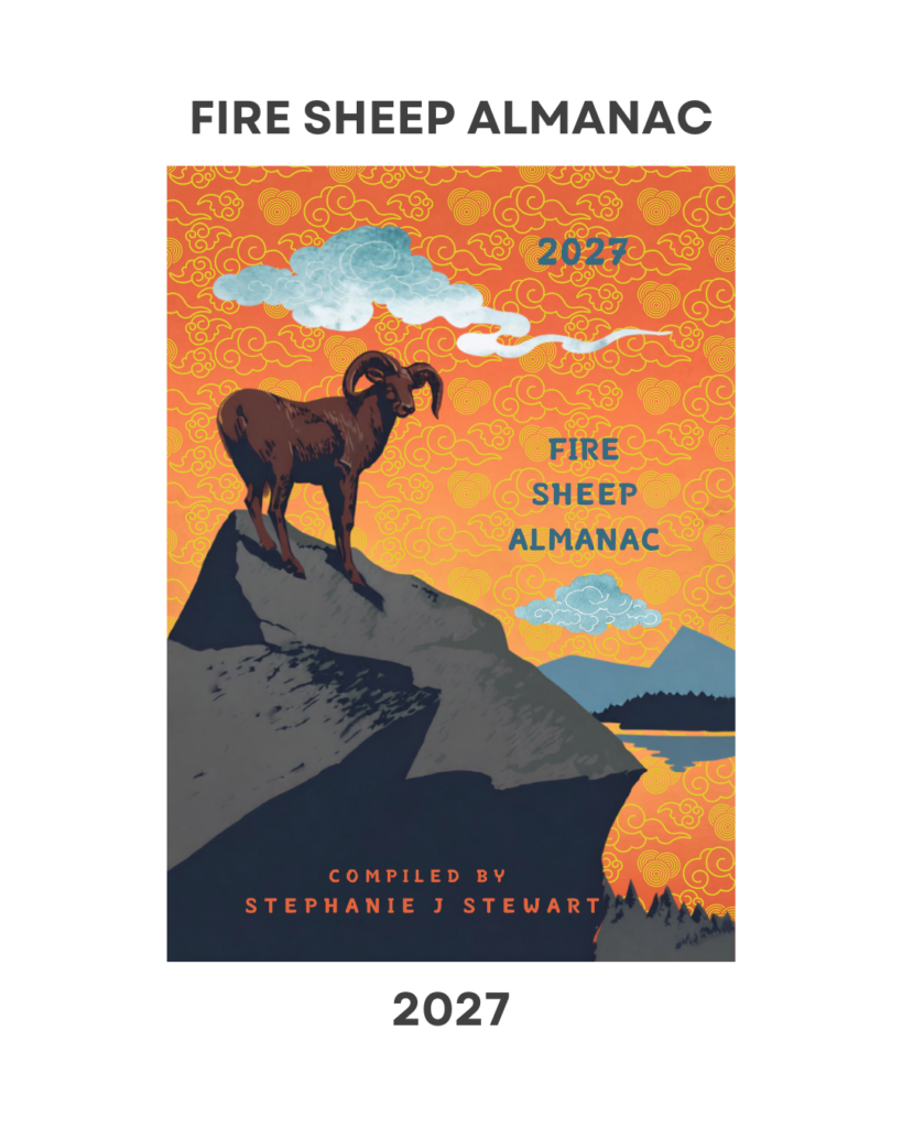 Cover of Fire Sheep Almanac 2027 showing a ram on a rocky peak against an orange decorative background, compiled by Stephanie J Stewart.