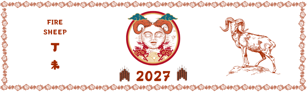 Decorative banner with a ram motif, Chinese zodiac theme for 2027: 'FIRE SHEEP' on the left, circular emblem in the center, and a ram on the right.