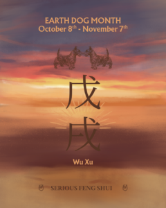 Poster for Earth Dog Month: two dogs facing each other above large Chinese characters ‘戊戌’ against a sunset gradient.