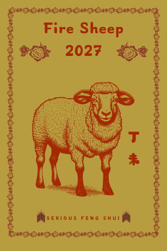 Decorative poster with a red sheep illustration and the words 'Fire Sheep 2027' at the top, bordered by a floral frame and Chinese text on the side.